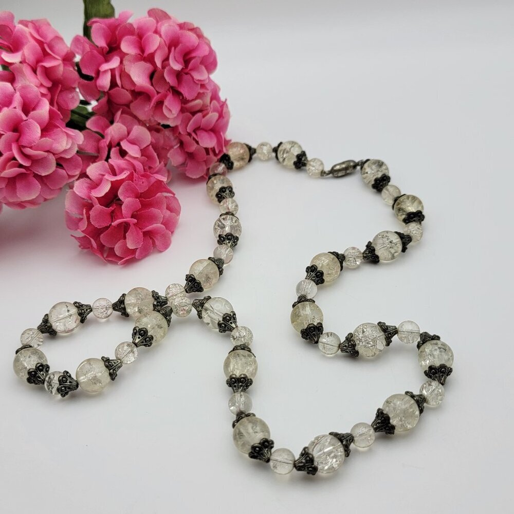 Vintage Art Deco Clear Glass Gunmetal Tone Cap Bead Necklace 26" Magnetic Clasp